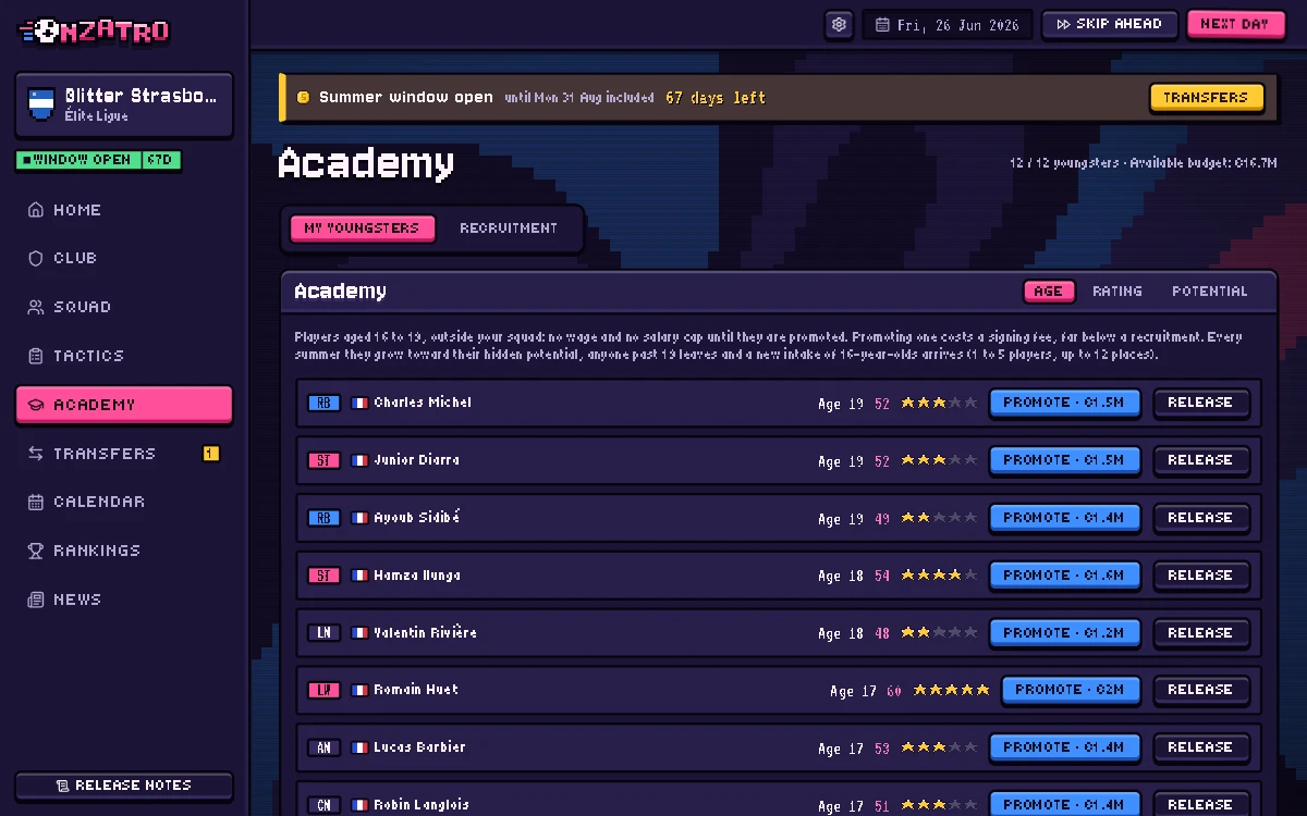 The academy screen: young players with their rating and star-rated potential