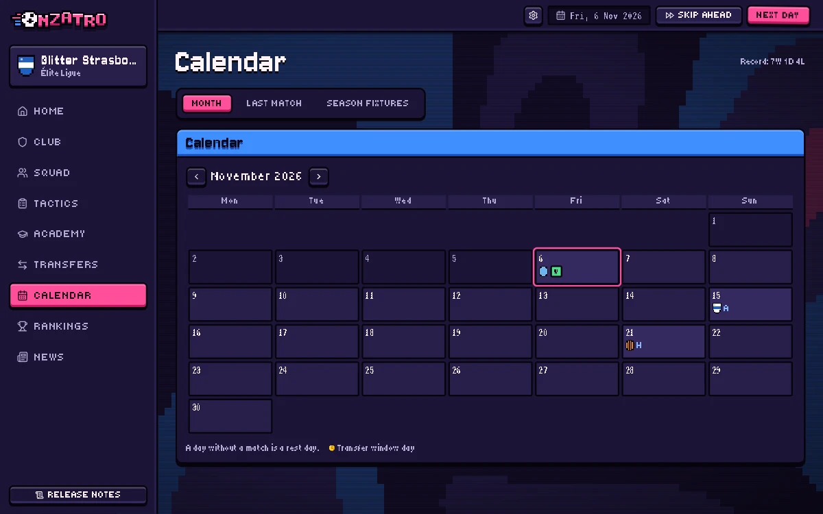 Monthly calendar with the club’s matches, results and transfer window days