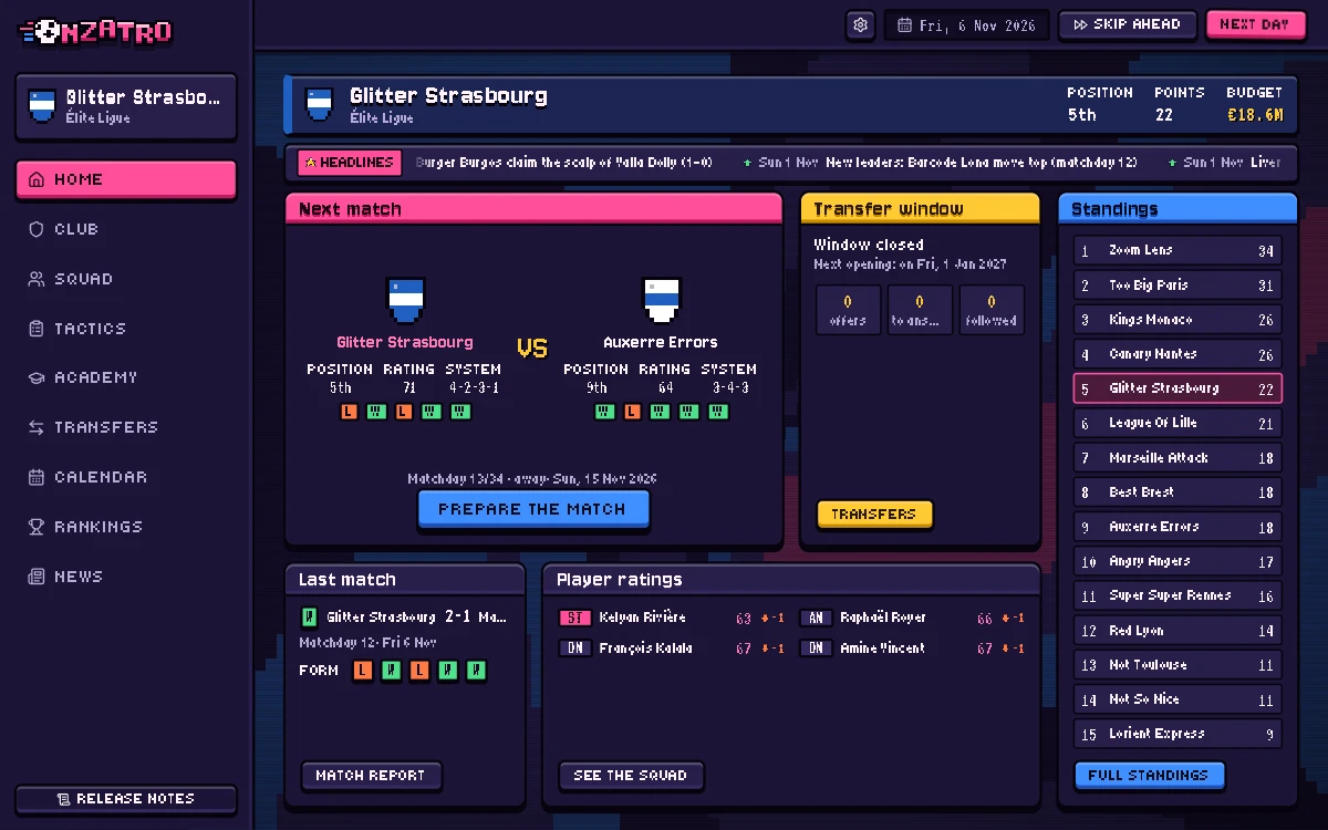 The game’s home screen: next match, transfer window, standings around the club and rising players