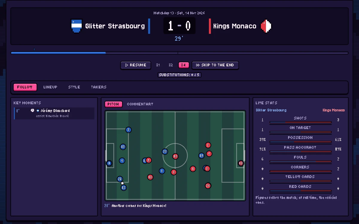 A live match on a top-down pitch, with key moments and live statistics
