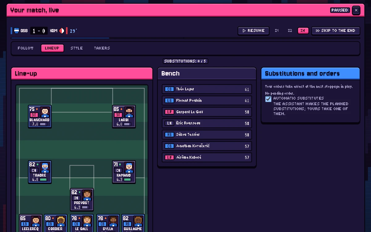 In-match line-up: pitch, bench, possible substitutions and pending orders