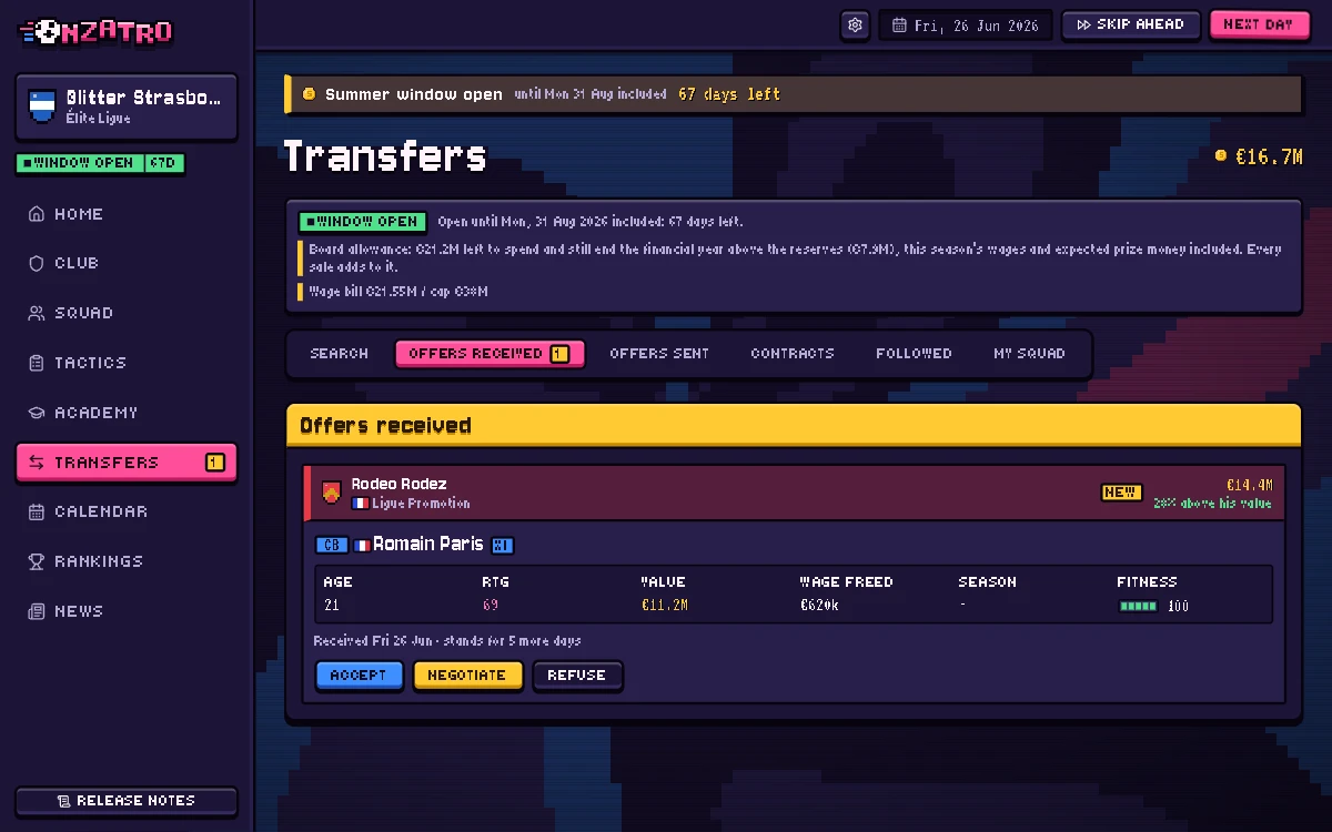 The transfers screen: player search, offers sent and received, available budget